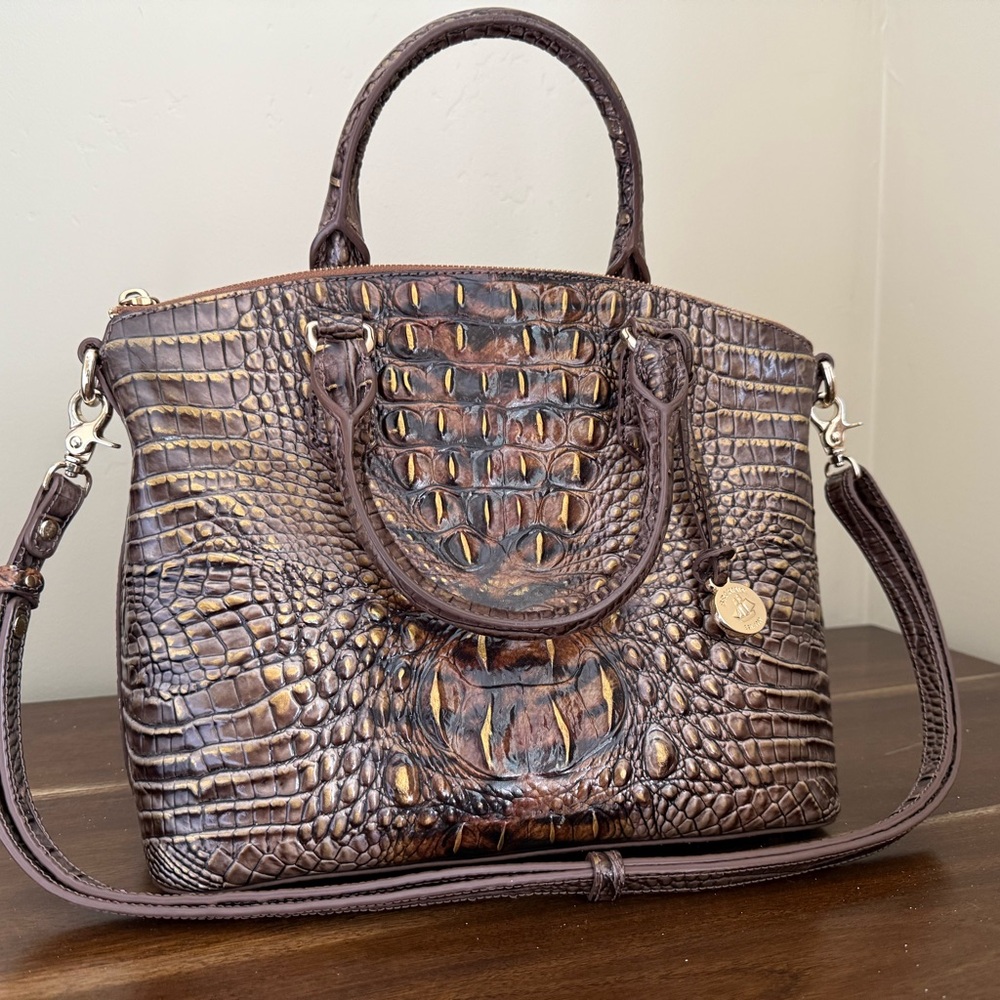 Brahmin Brown Crocodile Embossed Satchel with Glossy Finish